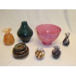 A selection of Studio glass including pink tinted tapered bowl, blue tinted glass vase,