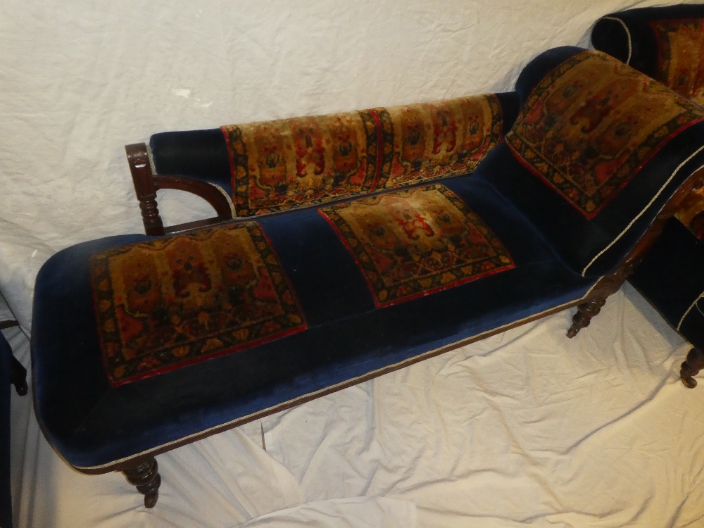 An unusual Victorian mahogany chaise longue parlour suite with turkey pattern and blue moquette - Image 6 of 6