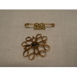 A 9ct gold interlaced brooch (minus stone) and an unmarked gold bar brooch set seed pearls (2)