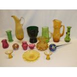 A selection of various decorative coloured glass including amber tinted angular jug,