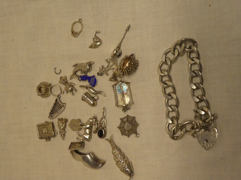 A silver chain link charm bracelet with padlock clasp and a selection of over twenty various silver