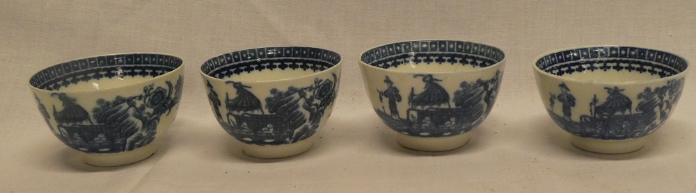 Four 18th Century china tea bowls with blue and white figure and landscape decoration (one af) - Image 2 of 3