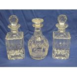 A pair of good quality cut-glass square decanters with stoppers and one other cut-glass decanter