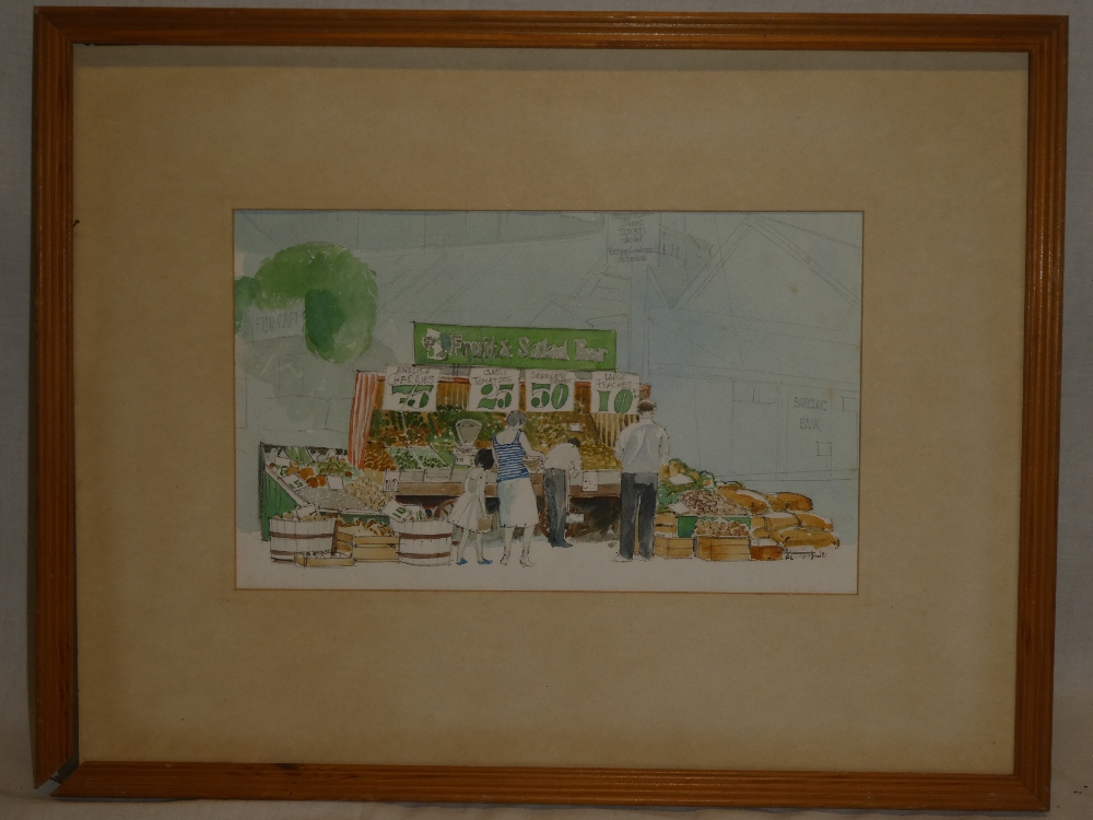 Artist unknown - watercolour Cornish fruit and vegetable stall 8" x 13"
