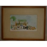 Artist unknown - watercolour Cornish fruit and vegetable stall 8" x 13"