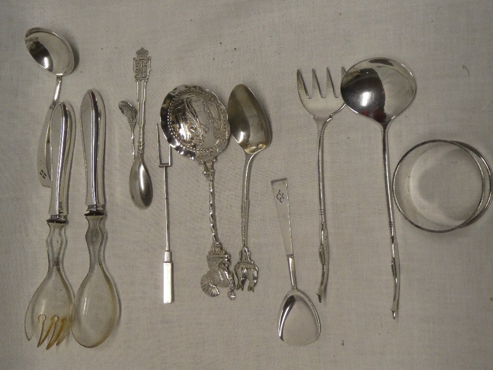 A selection of French silver condiment cutlery, plated serving implements etc.
