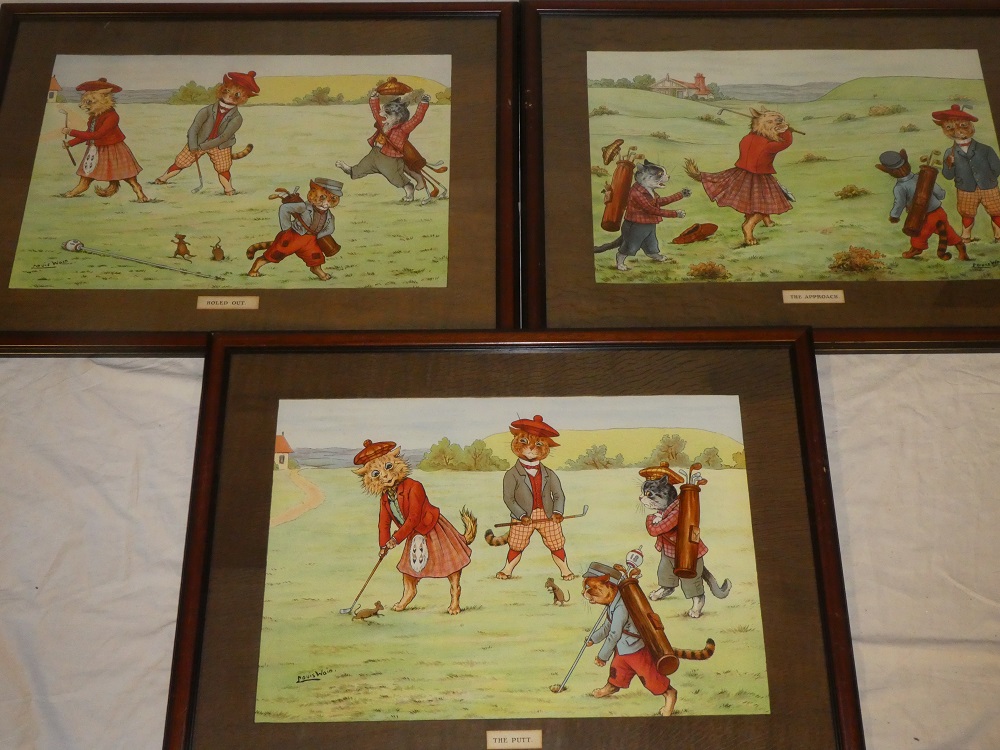Three rare 19th/early 20th Century coloured cat golfing prints by Louis Wain "The Approach/Holed