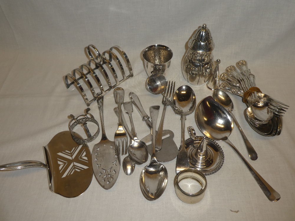 A selection of various silver-plated items including part set of King's pattern table cutlery,
