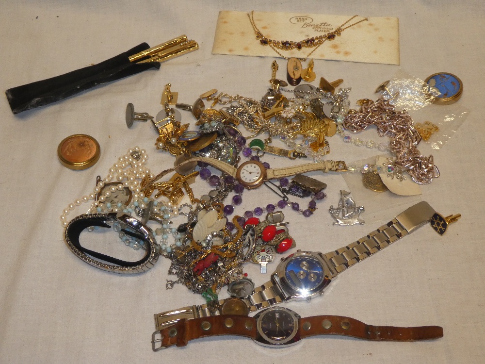 A selection of various costume jewellery and related items including ladies 9ct gold wristwatch,