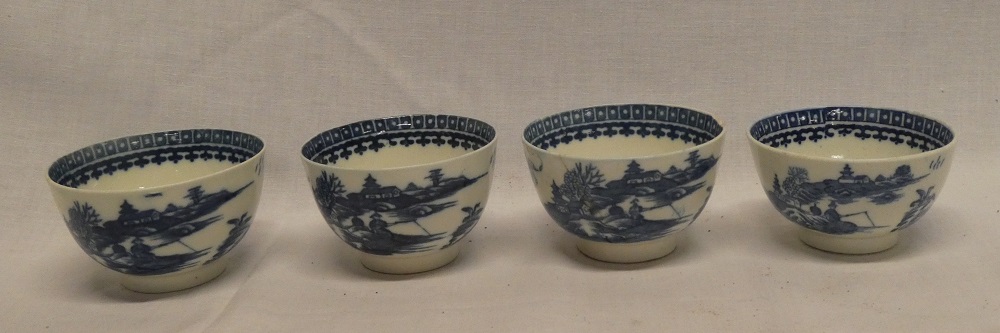 Four 18th Century china tea bowls with blue and white figure and landscape decoration (one af)