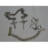Two various silver crucifixes with chains, a silver flat link bracelet etc.