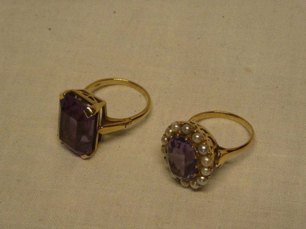 A 9ct gold dress ring set amethyst and pearls and one other 9ct gold dress ring set amethyst (2)