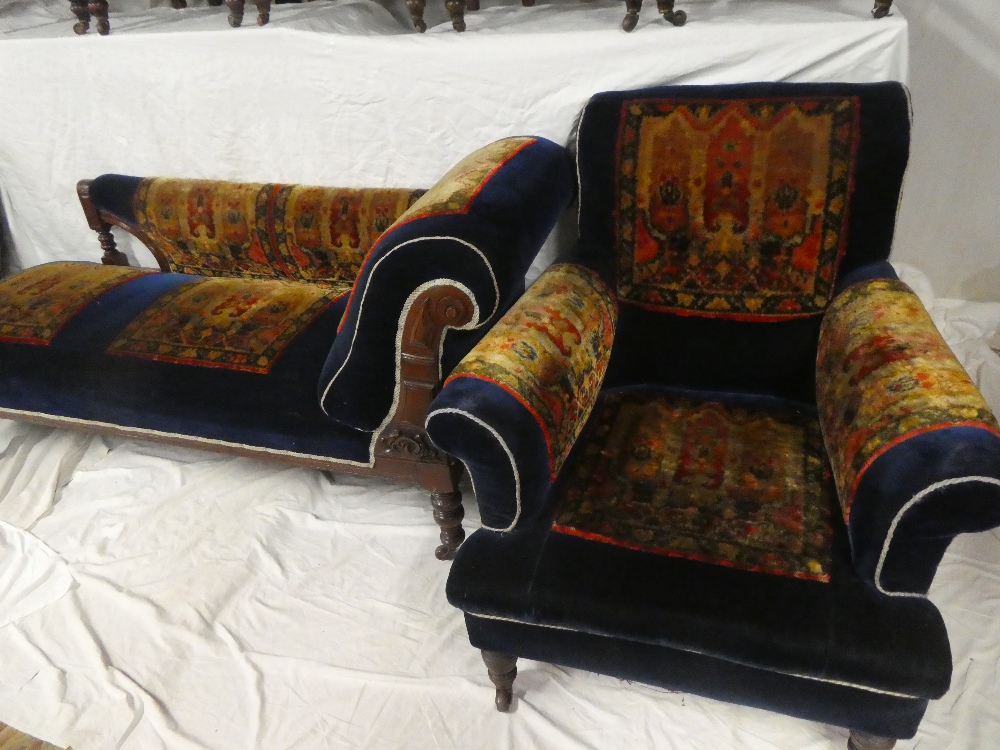 An unusual Victorian mahogany chaise longue parlour suite with turkey pattern and blue moquette - Image 2 of 6