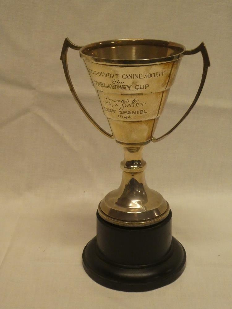 A silver two handled trophy cup "Truro and District Canine Society 1942", 6½" high,