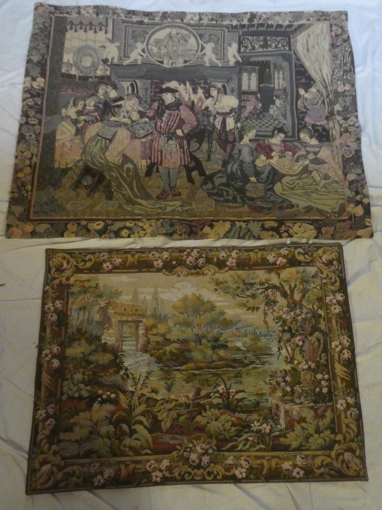 Three various Continental woven tapestries including interior scene, lake scene, - Image 2 of 2