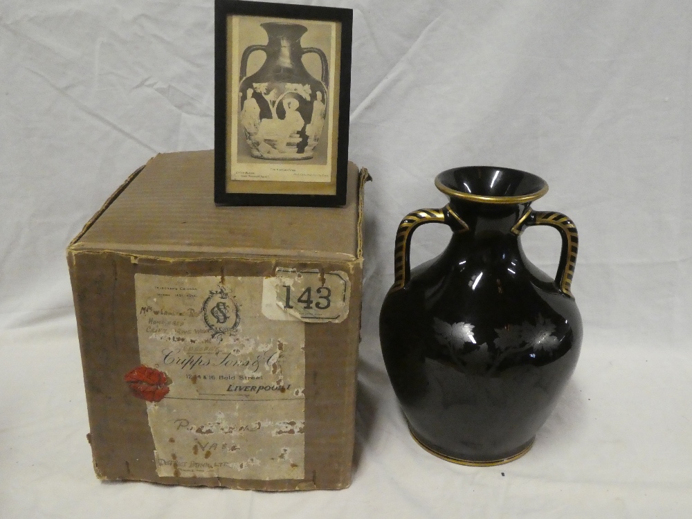 A good quality black and gilt glazed two handled vase modelled on the Portland vase with classical - Image 2 of 2