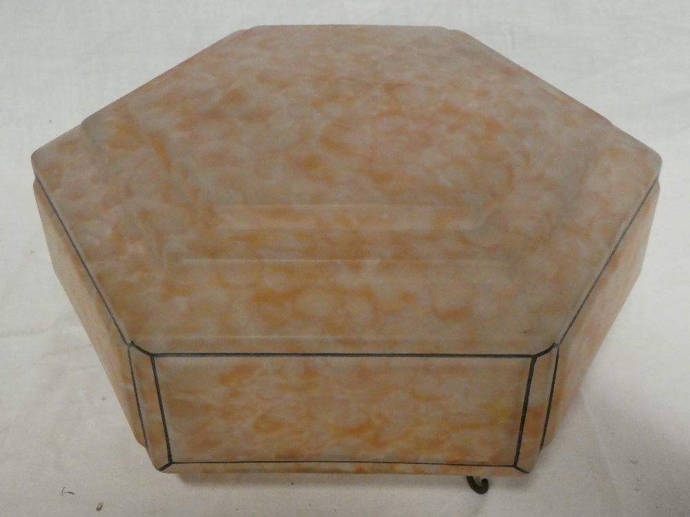 An Art Deco marbled glass hexagonal stepped ceiling shade