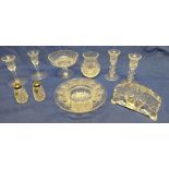 Ten pieces of Waterford cut crystal glass including two pairs of candlesticks, pedestal bowl,