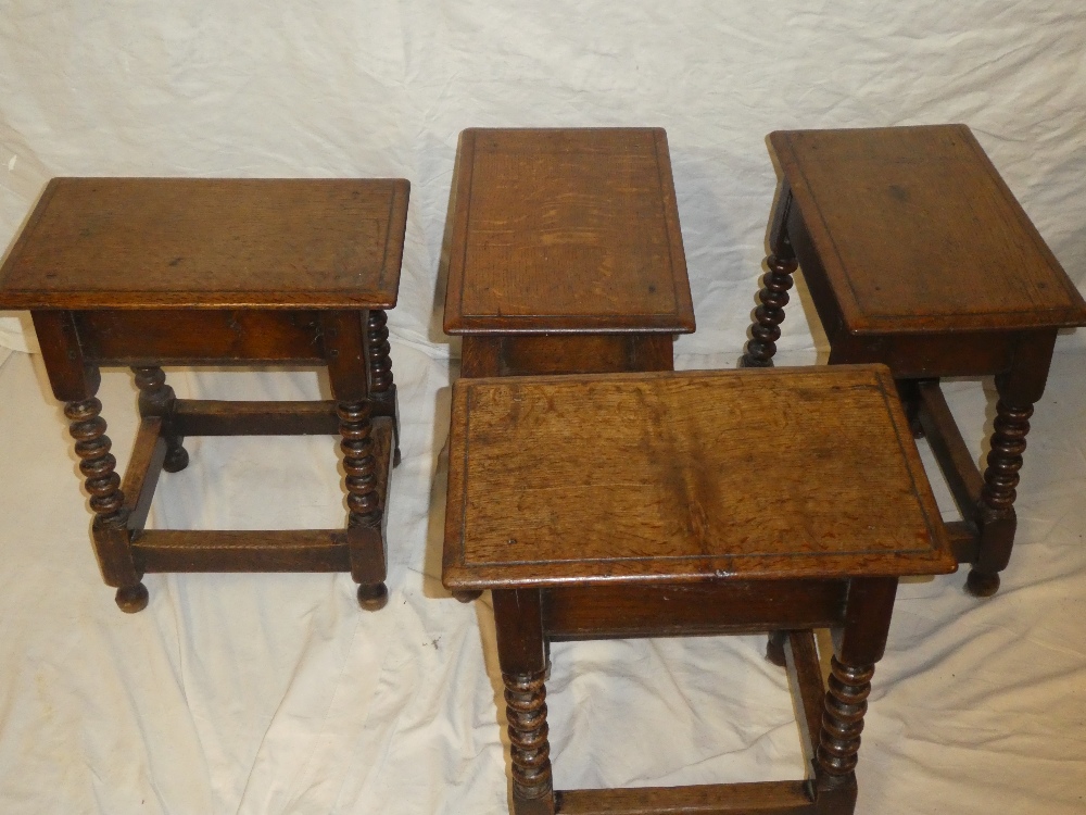 A set of four 17th century-style oak rectangular joint stools by Goodalls of Manchester with bobbin - Image 2 of 2