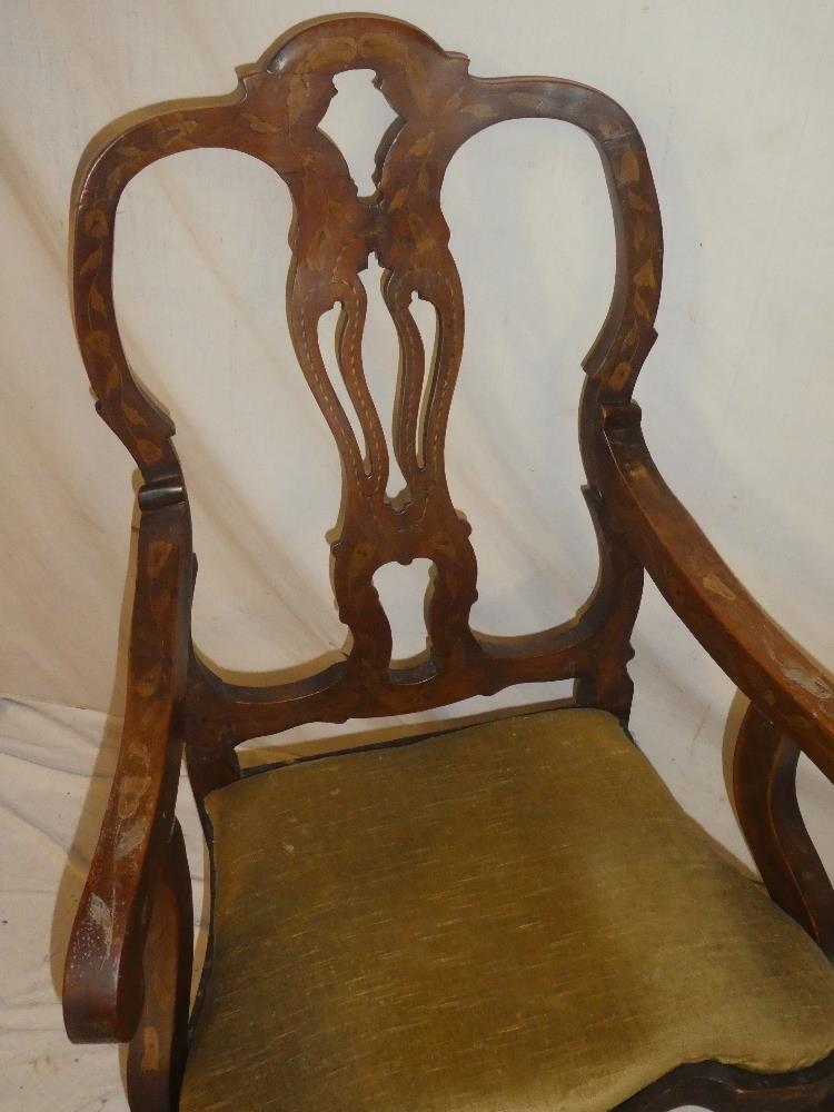An early 19th century Dutch inlaid beech carver armchair with pierced splat back and upholstered - Image 2 of 3