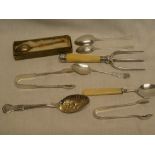 Two 19th century silver teaspoons, silver-plated meat fork with ivory mounted handle,