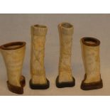A pair of unusual First War trench art carved bone vases with floral decoration "In Remembrance of