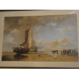 Artist Unknown - watercolour Coastal scene with fishing boats and fisher-folk,