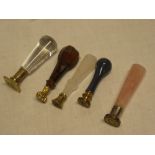 Five various old brass hand seals with semi-precious stone handles