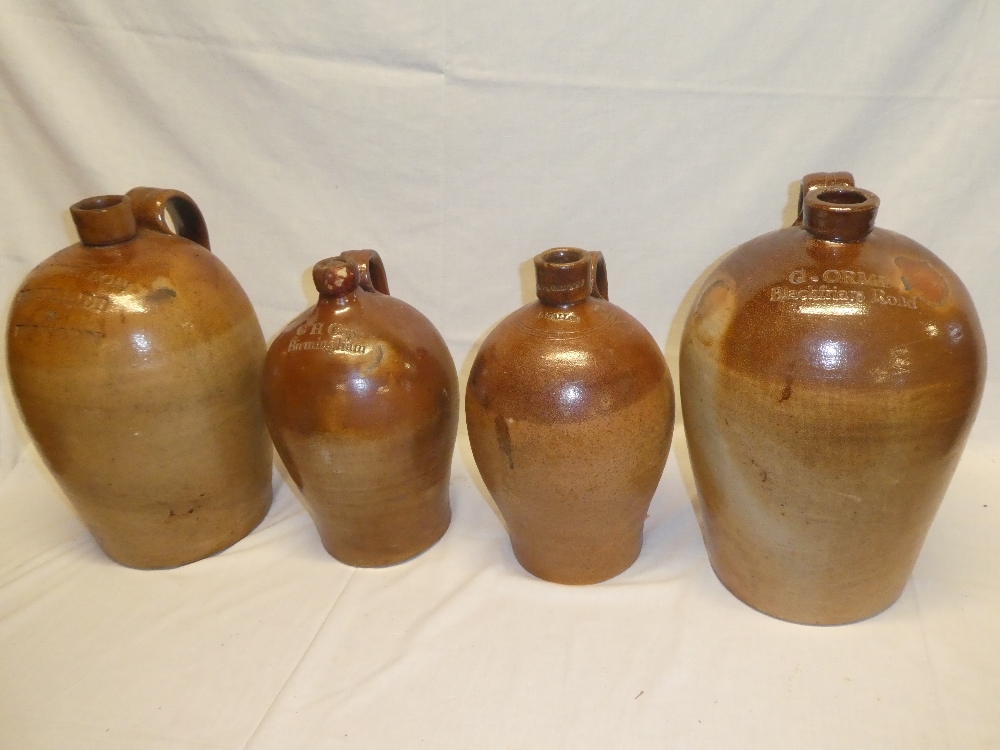 Four 19th century stoneware flagons including two gallon flagon by G Orme of Blackfriars Road,