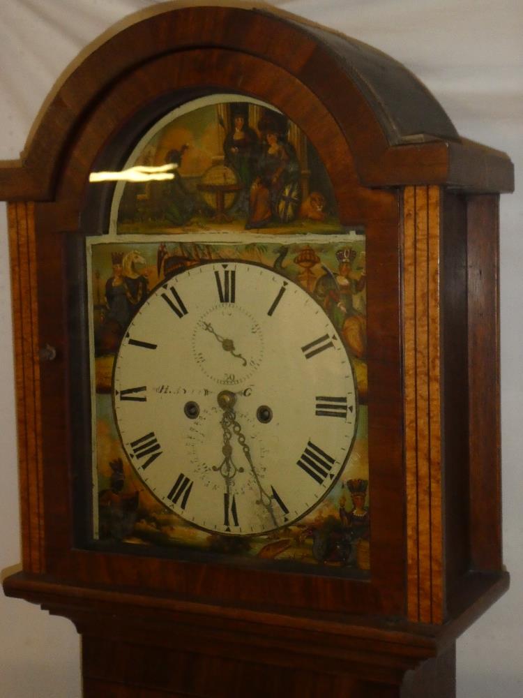 A 19th Century longcase clock with 13" painted arched dial decorated with numerous figures,