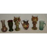 Six pieces of decorative glassware including a pair of Venetian glass multi coloured vases,