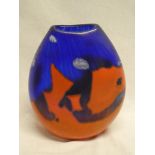 A Cornish art glass tapered vase by Norman Stuart Clarke with blue and orange decoration, 8" high,