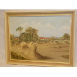 K** M** Rundle - oil on board Rural scene with hay ricks,