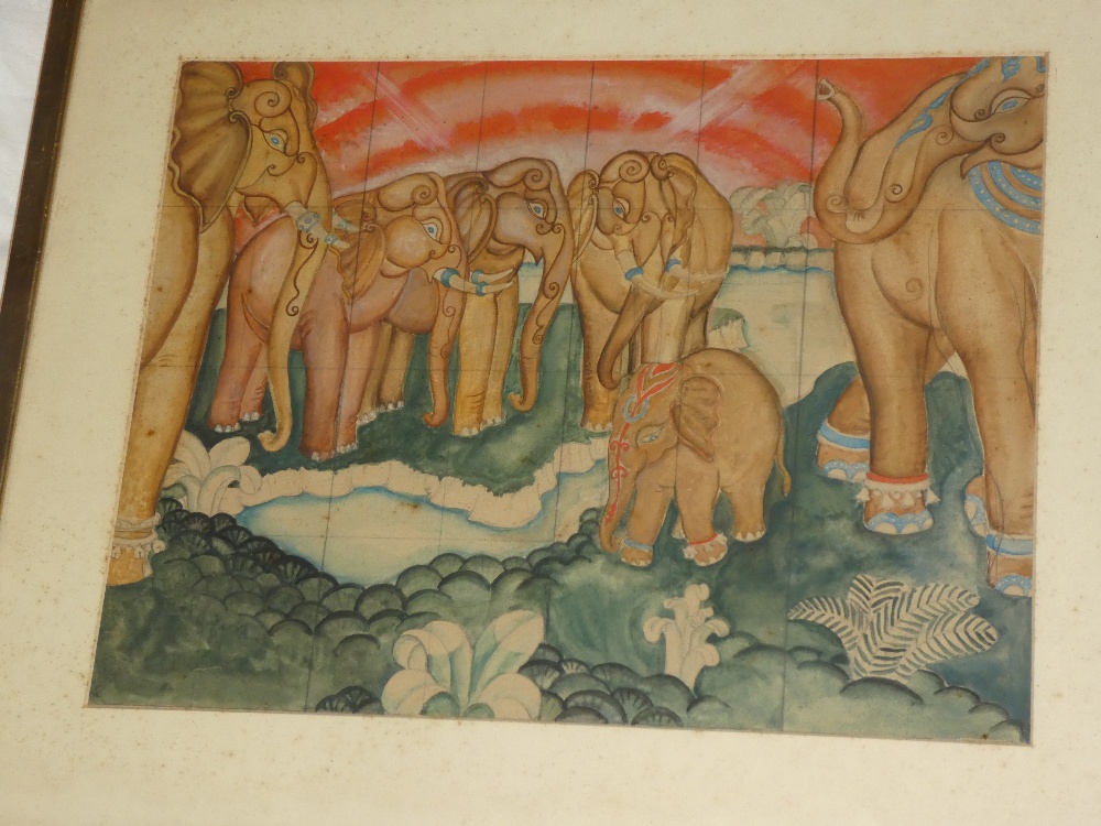 Artist unknown - watercolour Eastern study of elephants 11" x 14½"