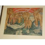 Artist unknown - watercolour Eastern study of elephants 11" x 14½"