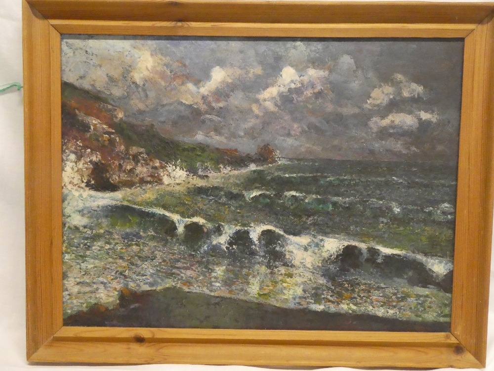 Artist unknown - oil on canvas Cornish coastal scene 17" x 24"