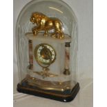 A good quality brass mounted alabaster mantel clock with circular decorated dial in polished case