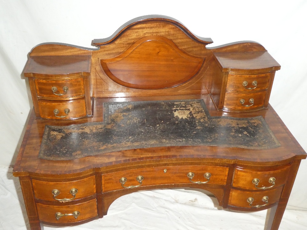 A late Victorian inlaid mahogany ladies writing desk with a single curved frieze drawer flanked by - Image 2 of 2