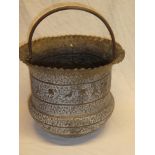 An old Indian brass circular pail/cauldron with raised figure,