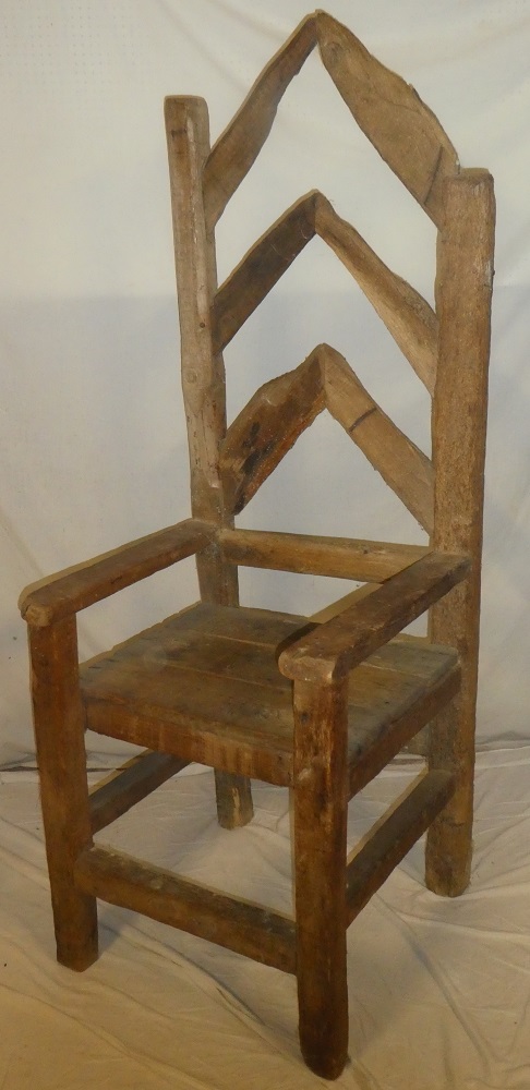 An unusual large reclaimed timber open arm throne chair marked "Cody", - Image 2 of 2