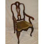 An early 19th century Dutch inlaid beech carver armchair with pierced splat back and upholstered