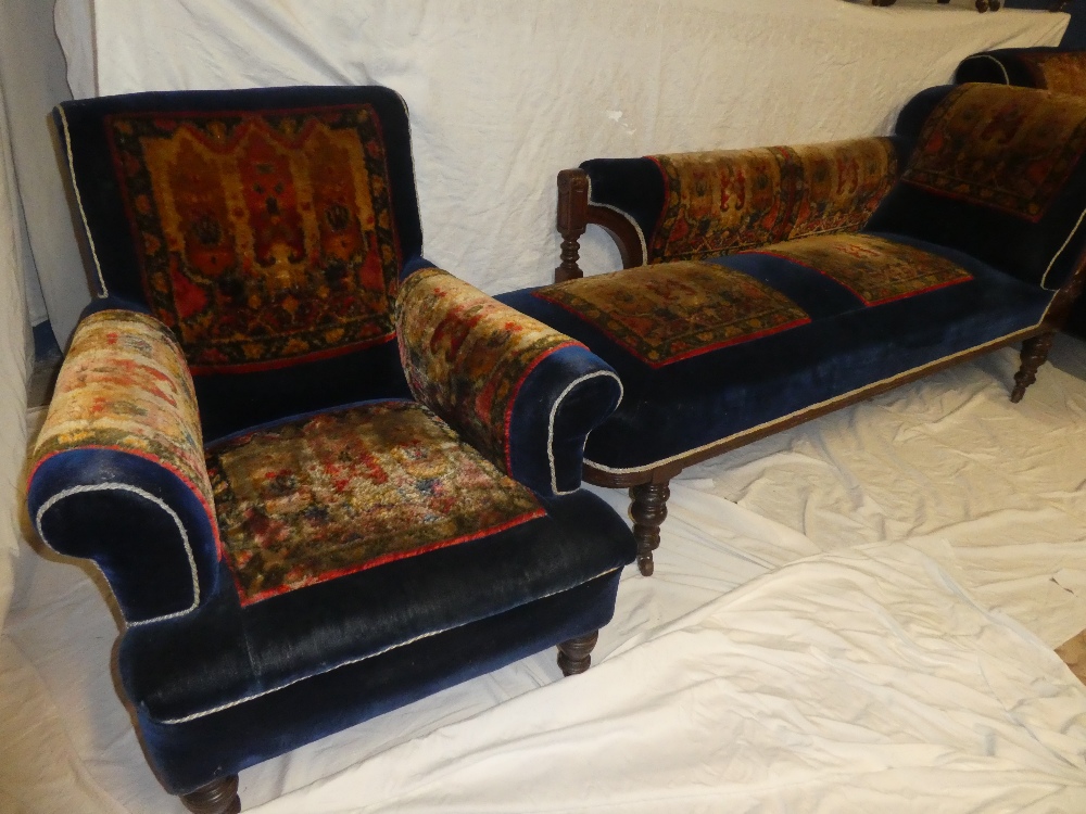 An unusual Victorian mahogany chaise longue parlour suite with turkey pattern and blue moquette - Image 4 of 6