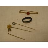 A 9ct gold bar brooch set coloured stone, 9ct gold stick-pin,