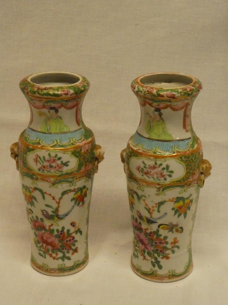 A pair of Cantonese china tapered vases with painted figure and floral decoration 8" high (slight - Image 2 of 3