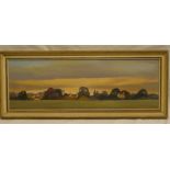 E** J** Wilson - oil on board Country landscape scene with church signed 8" x 23"