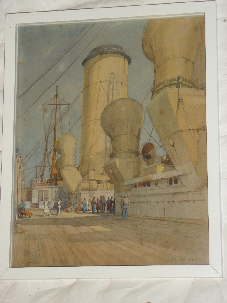 S**Orford - watercolour Figures on board a steamship, signed and dated 1935,