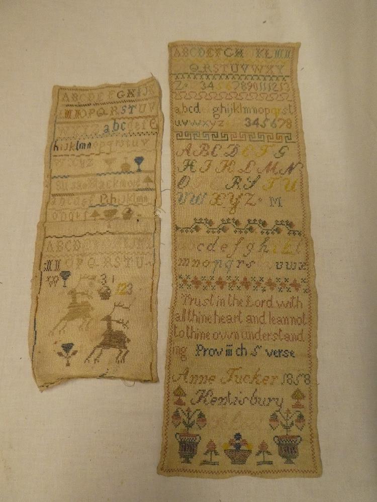 An early Victorian rectangular needlework sampler by Ann Tucker of Kentsbury dated 1858 depicting