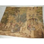 Three various Continental woven tapestries including interior scene, lake scene,