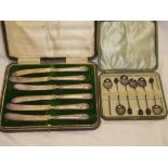 A set of six silver coffee spoons in velvet lined case and a set of six silver handled tea knives,