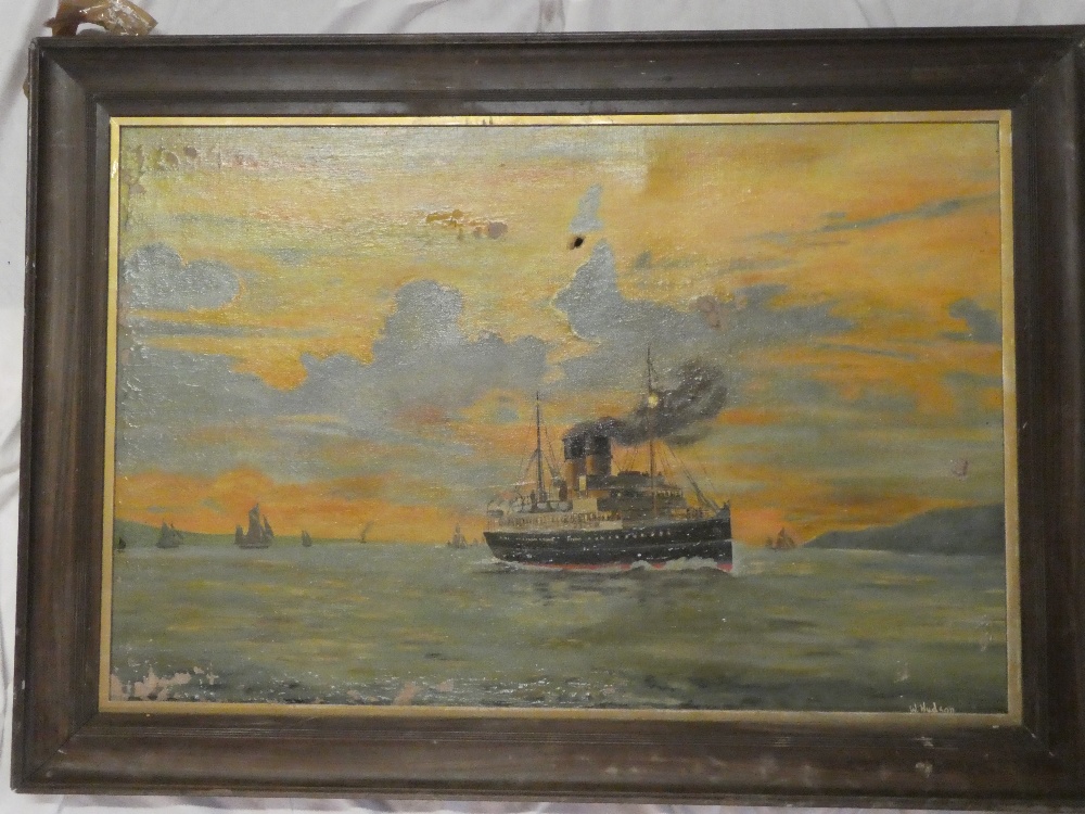 W** Hudson - oil on canvas Coastal scene with steamship, signed,